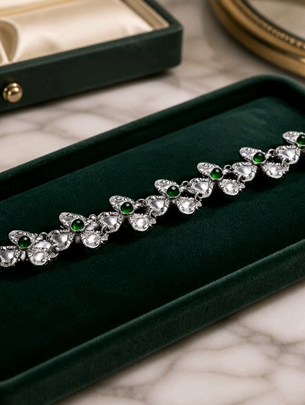 Vintage Rubens Sterling Silver Link Bracelet Green Stones